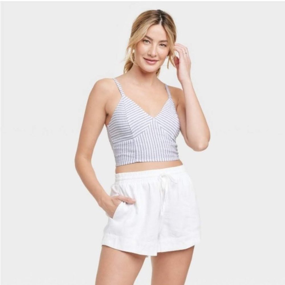 Universal Thread - Women's Slim Fit Linen Crop Top Linen Tank Top - Size L Blue